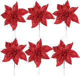Sparkling Red Glitter Poinsettia Flower Picks | 8.5" Wide | Holiday Xmas Accents | Trees, Wreaths, & Garlands | Gift Wrapping | Christmas Picks | Home & Office Decor (Set of 12)
