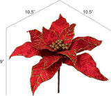 Red & Gold Velvet Poinsettia Flower Stem | 11" Wide | 10 Lifelike Silk Flower Petals | Holiday Xmas Accents | Christmas Florals | Home & Office Decor (Set of 3)