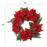 Premium Velvet Silk Poinsettia and Pine Wreath with Realistic Berries - 22-Inch Elegant Christmas Decor