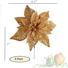 Gold Sparkling Glitter Poinsettia Flower Picks | 8.5" Wide | Holiday Xmas Accents | Trees, Wreaths, & Garlands | Gift Wrapping | Christmas Picks | Home & Office Decor (Set of 6)