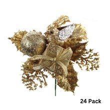 Sparkling Gold Glitter Picks with Dove Bird, Gift Box, & Ball | Holiday Xmas Accents | Trees, Wreaths, & Garlands | Gift Wrapping | Christmas Picks | Home & Office Decor (Set of 24)