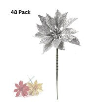 Sparkling Silver Glitter Poinsettia Flower Picks | Vibrant Holiday Xmas Accents | Trees, Wreaths, & Garlands | Gift Wrapping | Christmas Picks | Home & Office Decor (Set of 48)