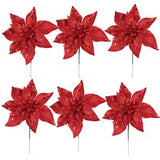 Sparkling Red Glitter Poinsettia Flower Picks | 8.5" Wide | Holiday Xmas Accents | Trees, Wreaths, & Garlands | Gift Wrapping | Christmas Picks | Home & Office Decor (Set of 6)