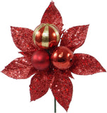 Red Sparkling Glitter Poinsettia Flower Picks with 3 Decorative Balls | Holiday Xmas Accents | Trees, Wreaths, & Garlands | Gift Wrapping | Christmas Picks | Home & Office Decor (Set of 24)