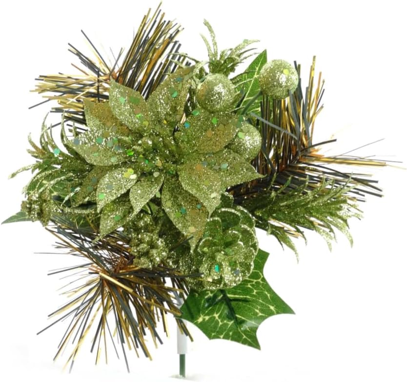 Light Green Xmas Pine Pick with Lifelike Poinsettia Flower, Berries & Pine Cones | Holiday Xmas Accents | Trees, Wreaths, & Garlands | Gift Wrapping | Christmas Picks | Home & Office Decor (Set of 6)