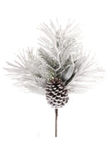 18" Snow Pine Pick with Pine Cones & Leaves