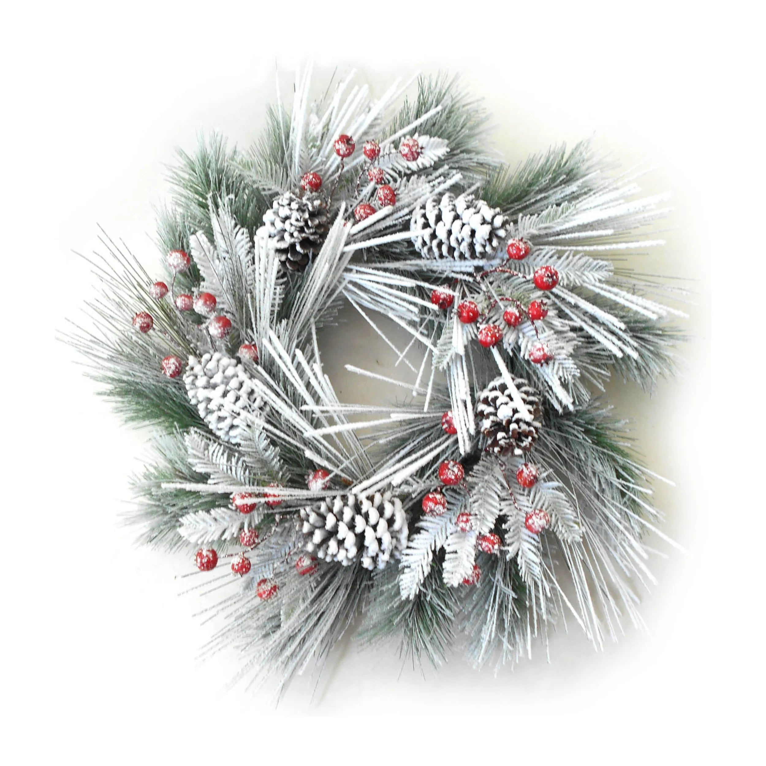 Snow Pine Wreath - 24" Wide - 19 Tips, Berries, & Pine Cones (Set of 8)