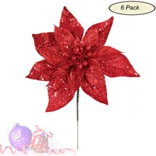Sparkling Red Glitter Poinsettia Flower Picks | 8.5" Wide | Holiday Xmas Accents | Trees, Wreaths, & Garlands | Gift Wrapping | Christmas Picks | Home & Office Decor (Set of 6)