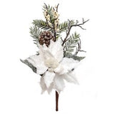 Revised Title: "Premium 16-Inch Iced White Poinsettia Pine Pick with Lifelike Brown Pine Cones, Twigs, & Berries - Ideal for Christmas and Holiday Decorations, Perfect for Home and Office Floral Accents