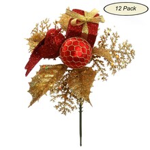Red & Gold Glitter Picks with Dove Bird, Gift Box, & Ball | Vibrant Holiday Xmas Accents | Trees, Wreaths, & Garlands | Gift Wrapping | Christmas Picks | Home & Office Decor (Set of 12)