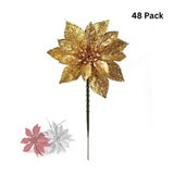 Sparkling Gold Poinsettia Flower Picks | Vibrant Glitter Holiday Xmas Accents | Trees, Wreaths, & Garlands | Gift Wrapping | Christmas Picks | Home & Office Decor (Set of 48)