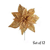 Gold Sparkling Glitter Poinsettia Flower Picks | Holiday Xmas Accents | Trees, Wreaths, & Garlands | Gift Wrapping | Christmas Picks | Home & Office Decor (Set of 12)