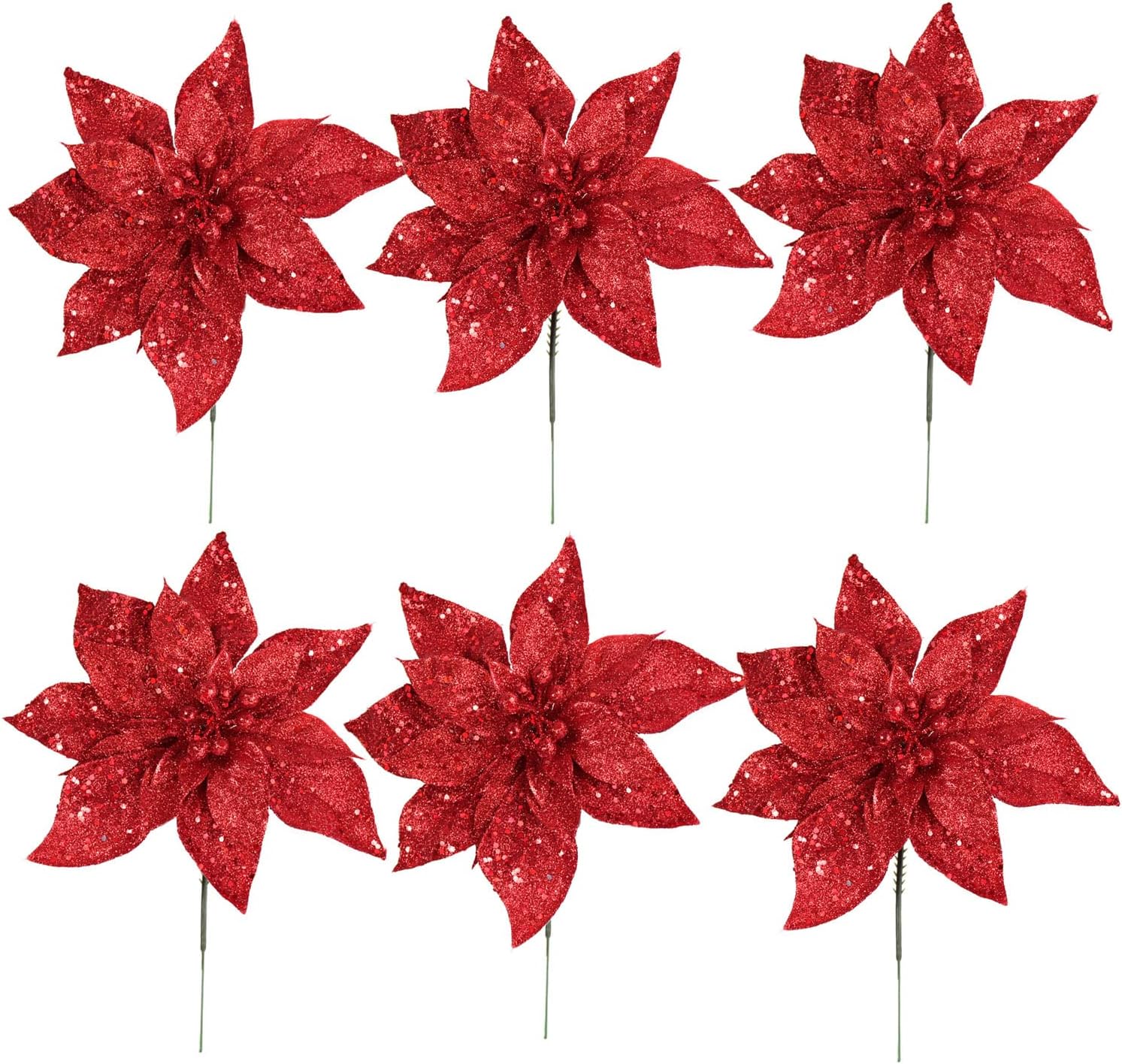 Sparkling Red Glitter Poinsettia Flower Picks | 8.5" Wide | Holiday Xmas Accents | Trees, Wreaths, & Garlands | Gift Wrapping | Christmas Picks | Home & Office Decor (Set of 12)