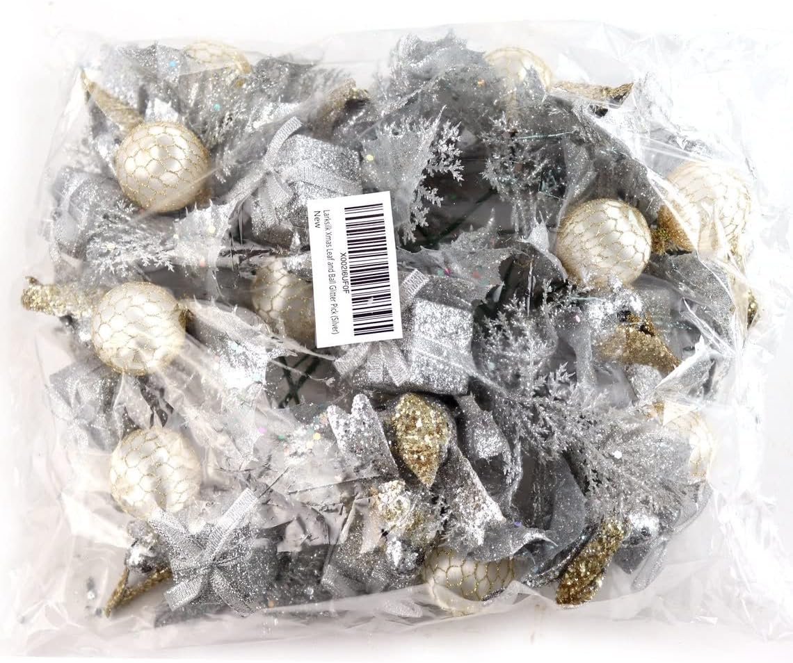 Traditional Silver Glitter Picks with Dove Bird, Gift Box, & Ball | Holiday Xmas Accents | Trees, Wreaths, & Garlands | Gift Wrapping | Christmas Picks | Home & Office Decor (Set of 24)