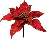 Red & Gold Velvet Poinsettia Flower Stem | 11" Wide | 10 Lifelike Silk Petals | Holiday Xmas Accents | Christmas Florals | Home & Office Decor (Set of 6)