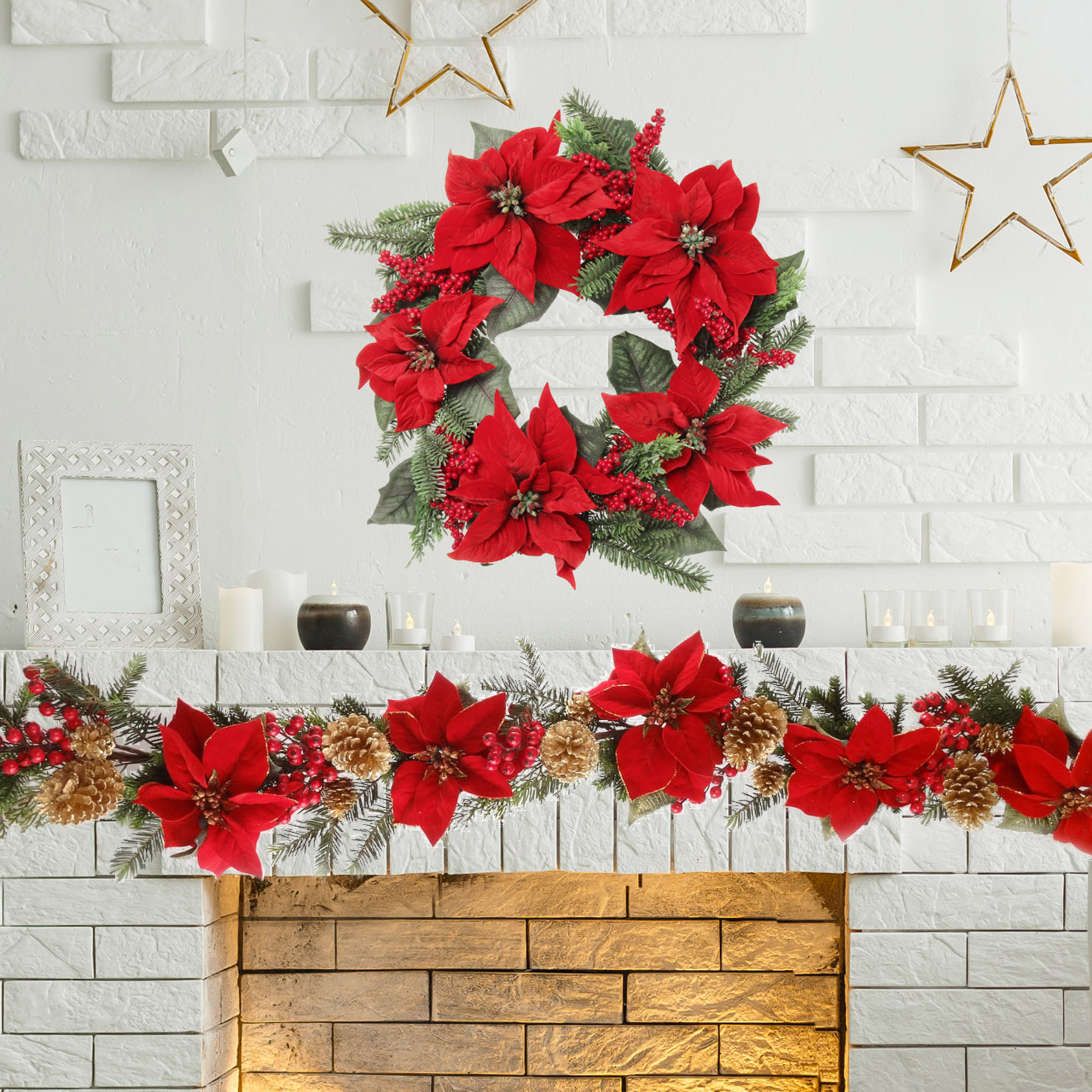 Red Velvet Poinsettia Garland with Gold Pine Cones & Red Berries - 5ft