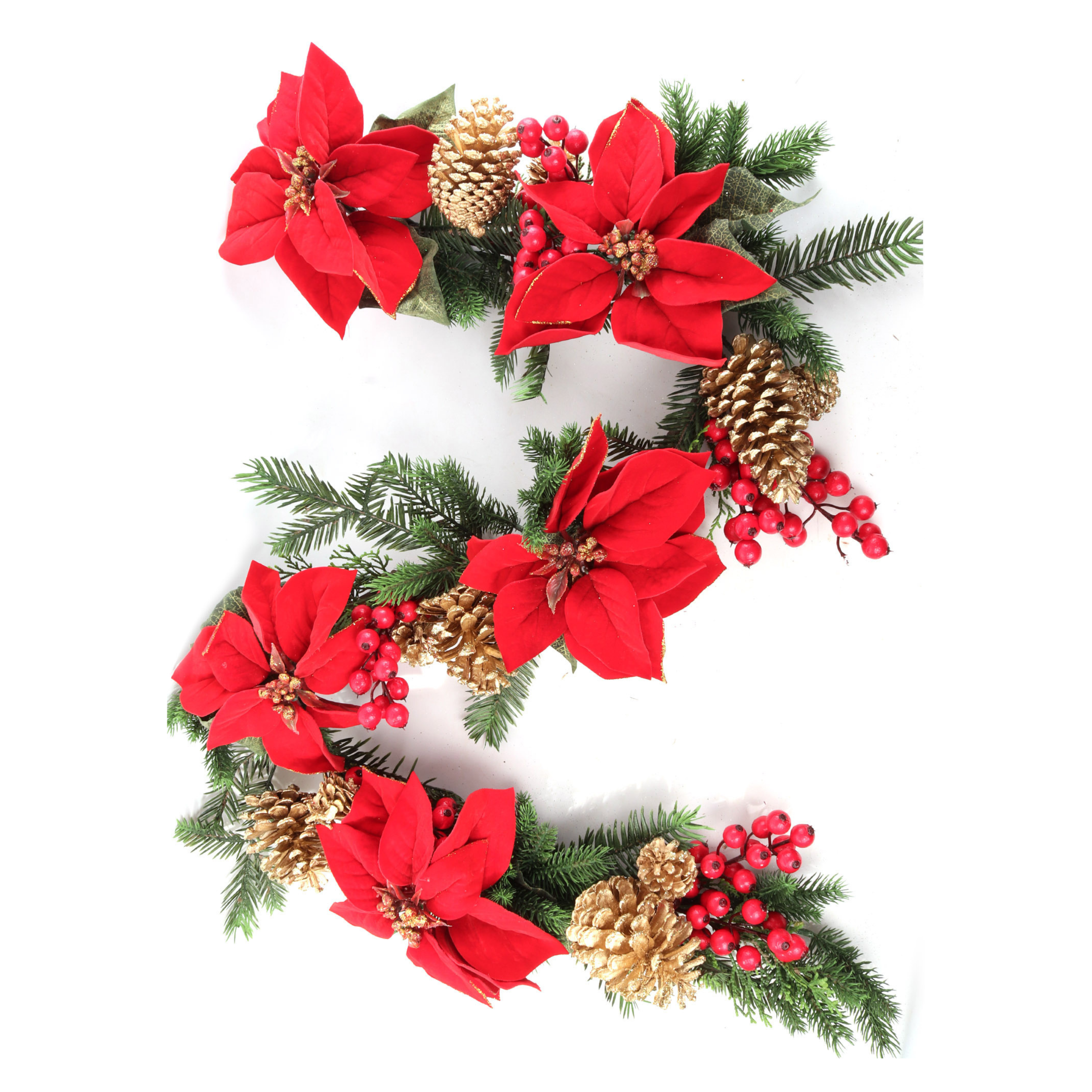 Red Velvet Poinsettia Garland with Gold Pine Cones & Red Berries - 5ft