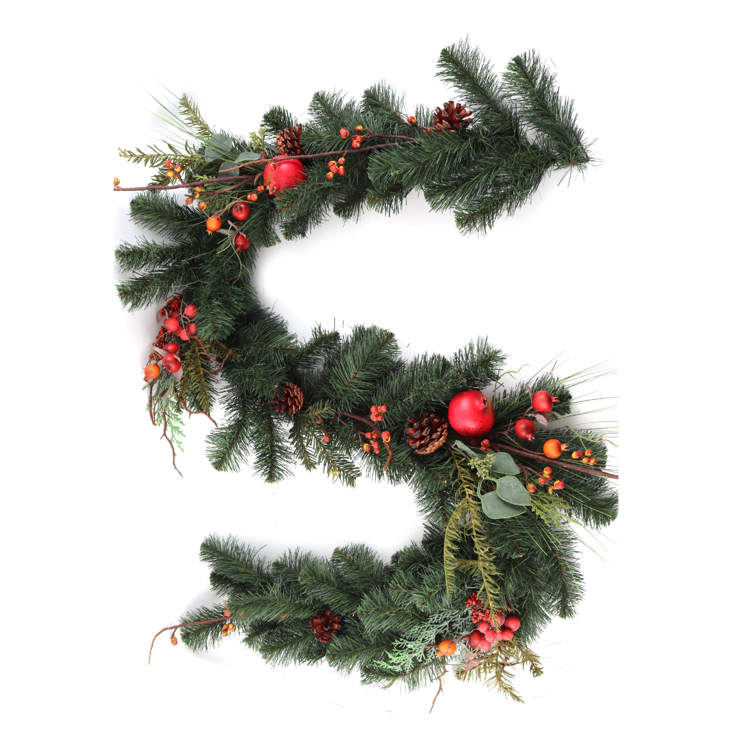 6ft Pine Garland with Lifelike Red Berries, Fruits, & Pine Cones