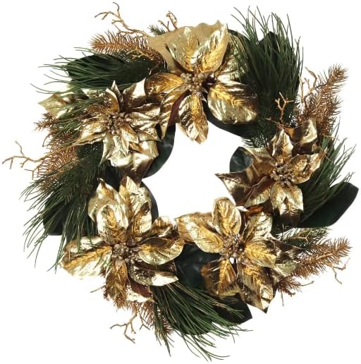 Decorated Pine Wreath with Lifelike Gold Magnolia Flowers & Foliage | 24" Wide | Indoor/Outdoor Use | Holiday Xmas Accents | Christmas Wreaths | Home & Office Decor (Set of 2)