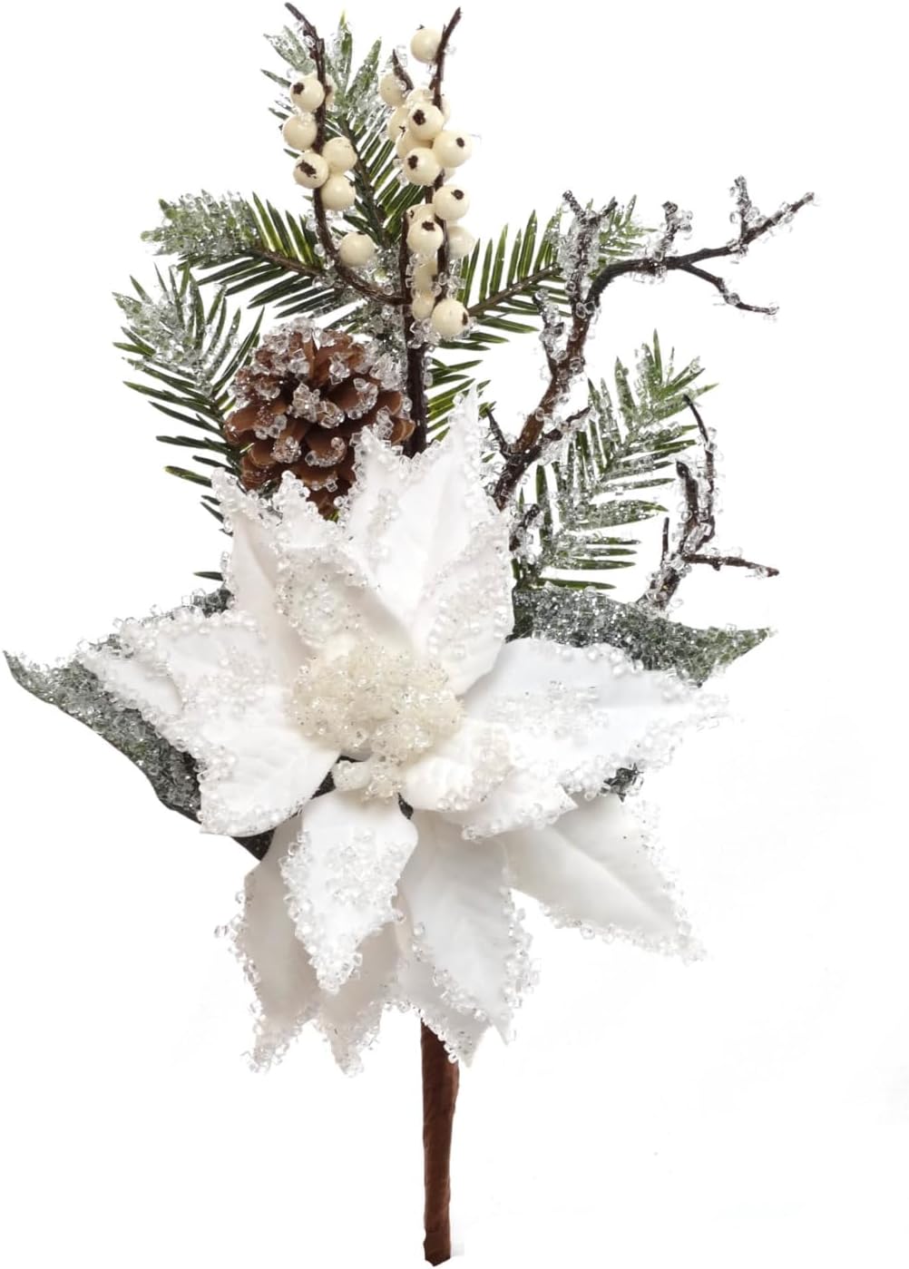 Iced White Poinsettia Pine Pick with Lifelike Silk Flowers, Twigs, Berries, & Pine Cones | 16-Inch | Holiday Xmas Accents | Christmas Picks | Home & Office Decor (Set of 12)