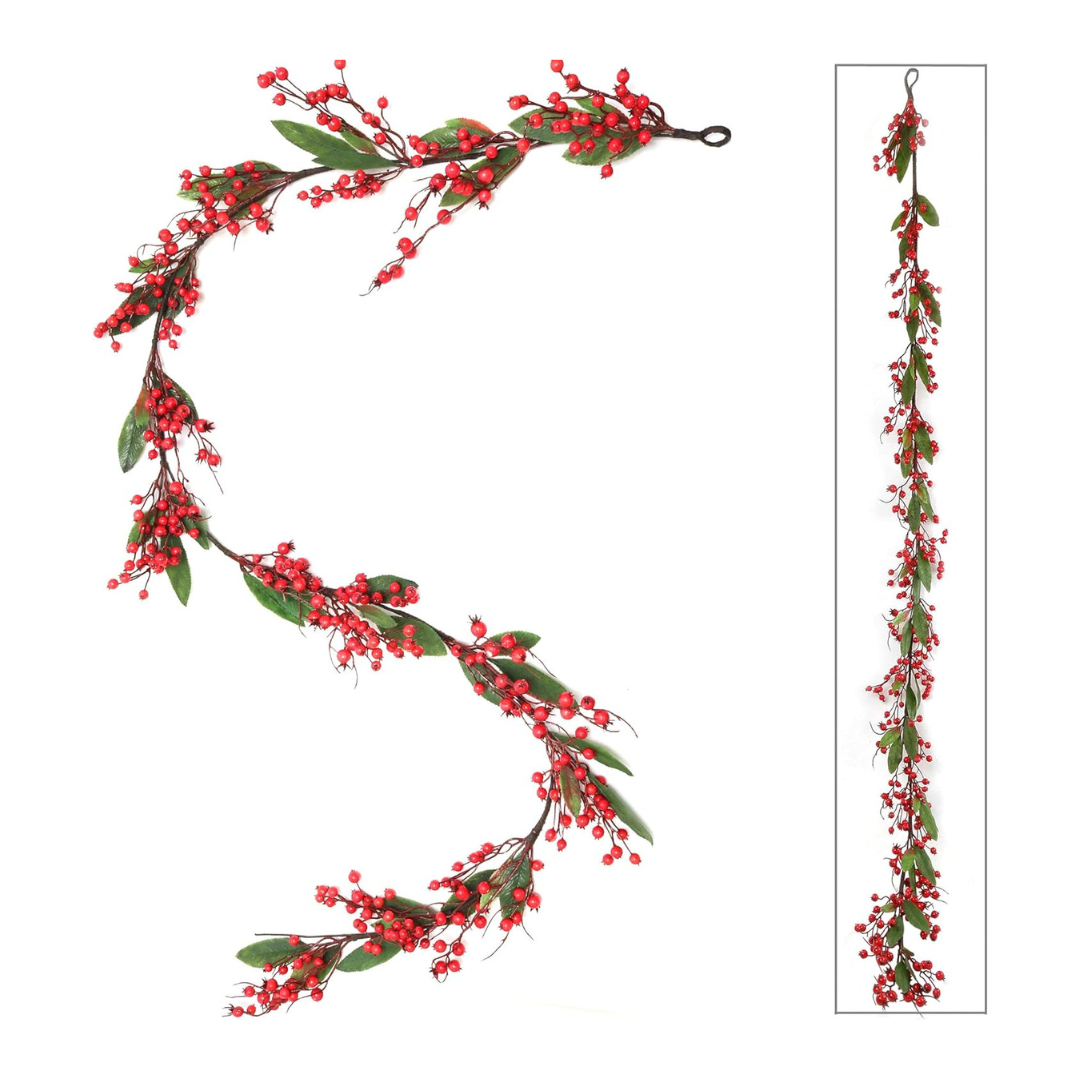 "Premium 6-Foot Red Berry Garland - Lush Foliage & Vibrant Berries Decor