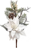 Iced White Poinsettia Pine Pick with Lifelike Pine Cones, Twigs, & Berries | 16-Inch | Holiday Xmas Accents | Christmas Florals | Home & Office Decor (Set of 2)