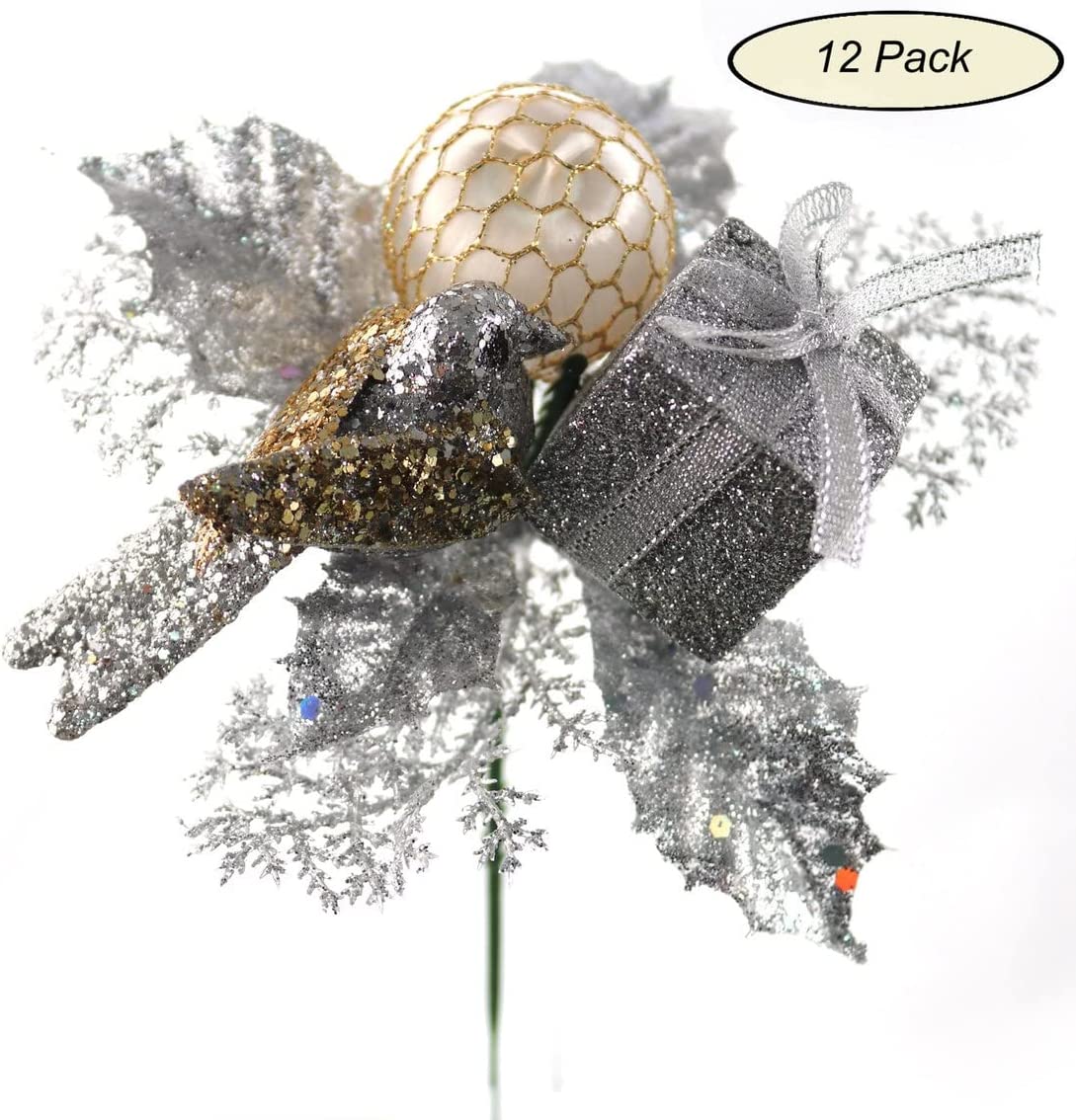 Traditional Christmas Ornament Picks Silver Pack of 12