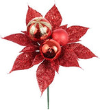 1 Red Glitter Christmas Ornament Poinsettia Pick