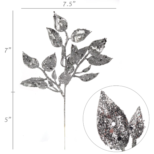 Silver Salal Leaf Sprays (12)  Artificial Glitter Christmas Branch 20"